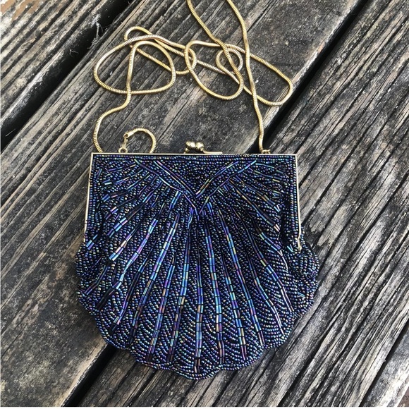 Sparkle Metallic Bead Purse Evening Bag Clamshell Scallop Clutch Vintage 70s 80s - Picture 1 of 9